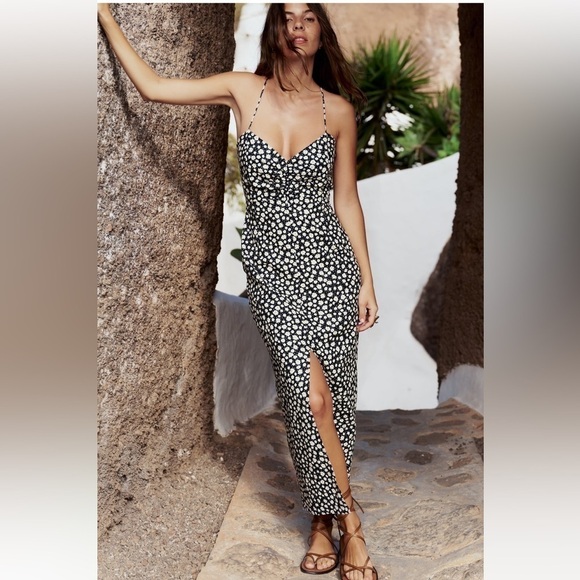 New ZARA Linen Blend Floral Print Midi Dress - Picture 1 of 6